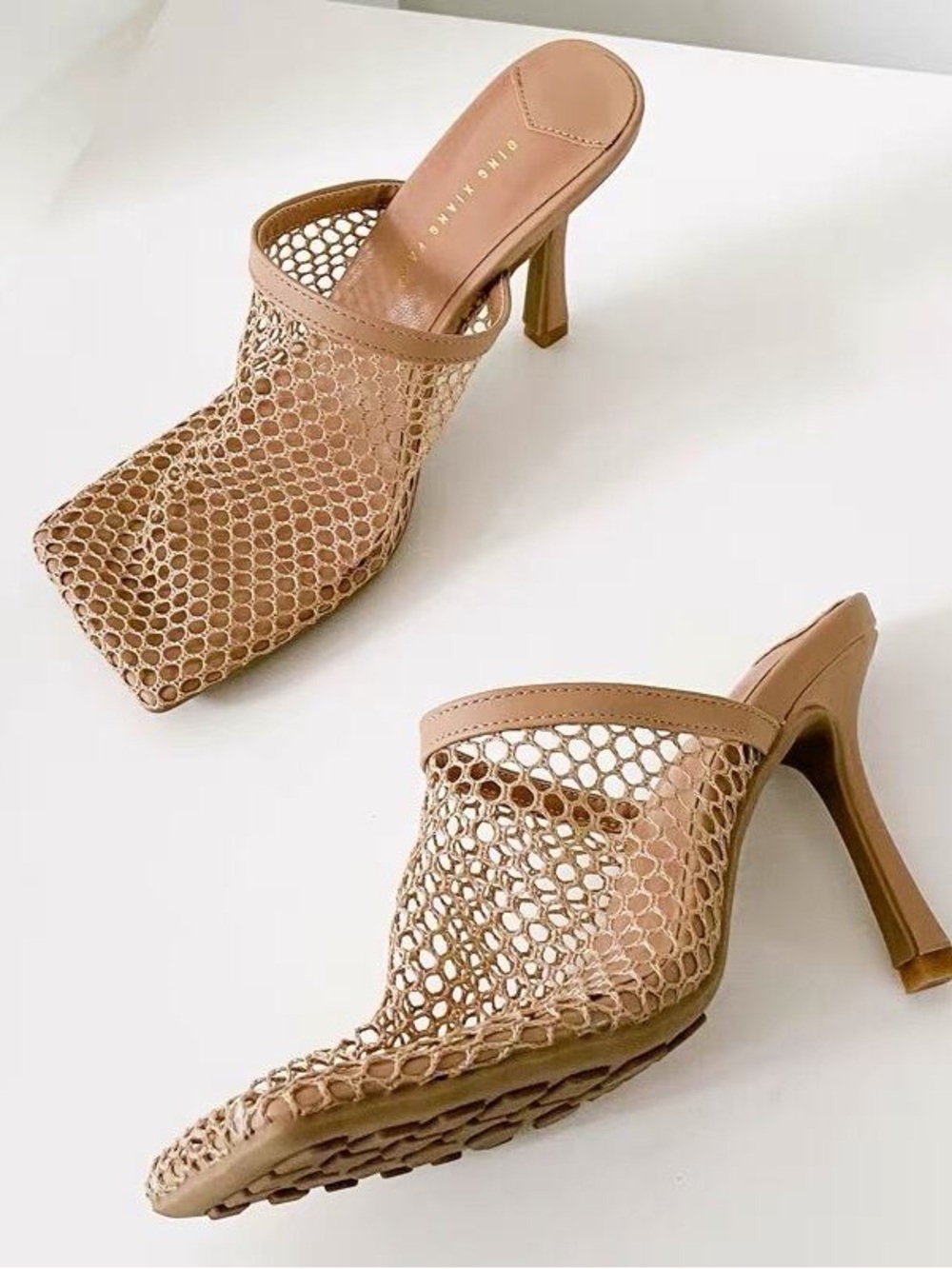Ding Xiang Mesh Square Toe Nude Mule Heels
